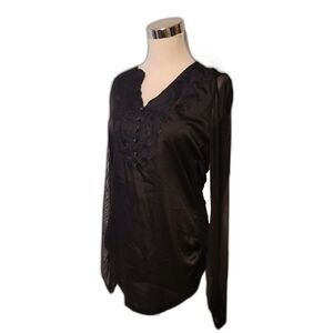 Embroidered Satin Front Shear Back & Sleeves Black Top Size XXL